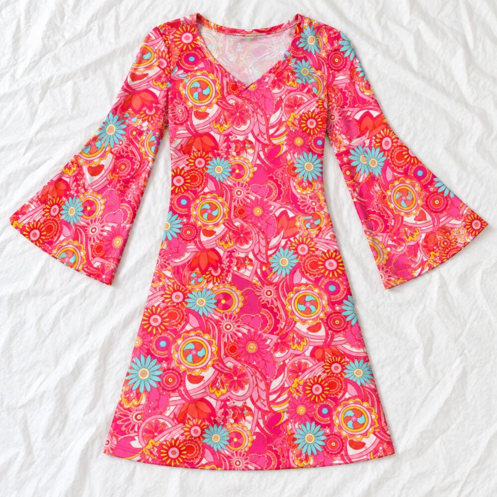 For G and PL Women's 70s Hippie Costume Dress Small Pink Floral Gold Accessories